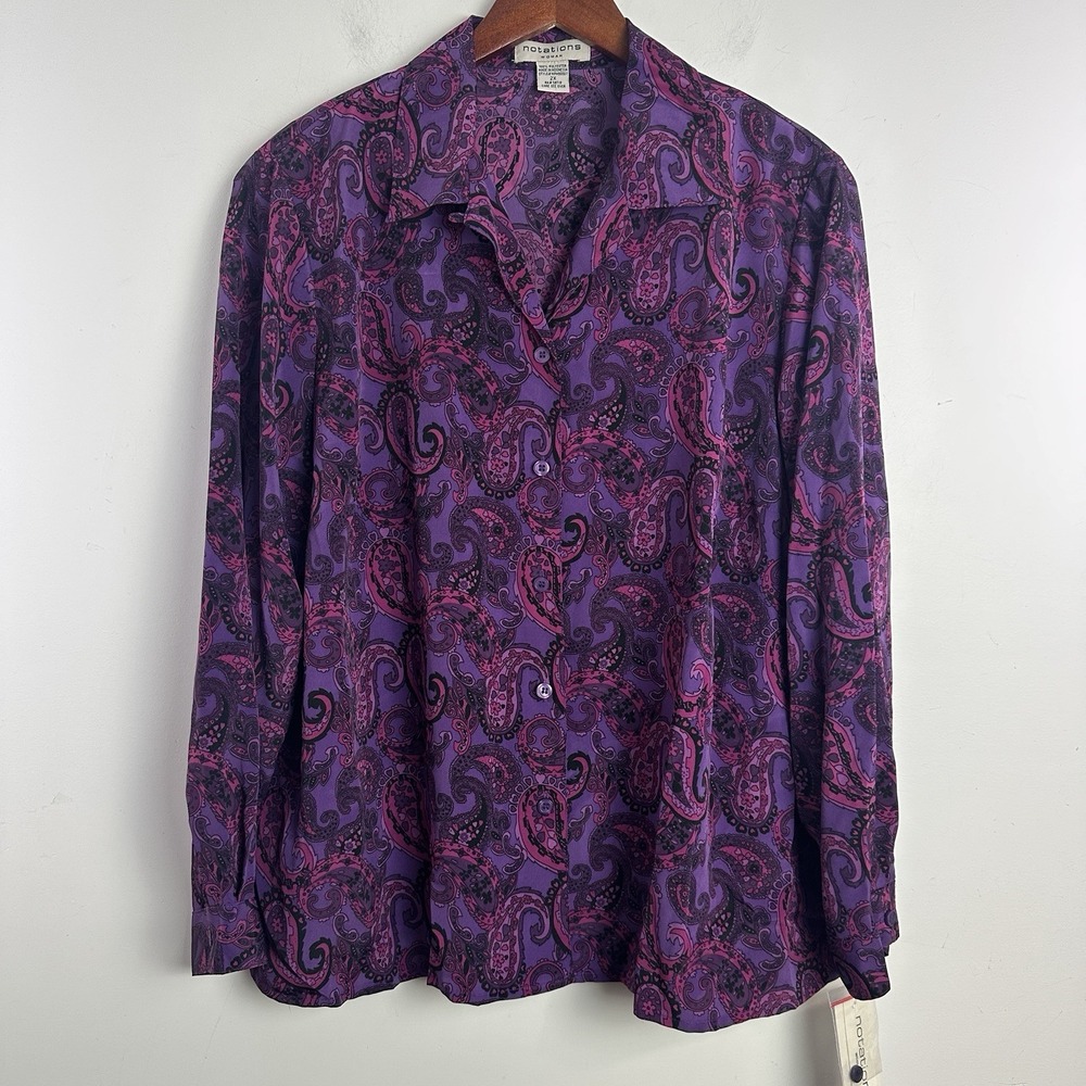 NEW Notations Blouse Womens 2X Purple Button Front Paisley Career long sleeve‎
